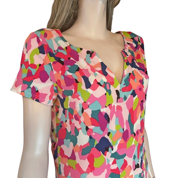 Cappagallo Shift Dress Abstract Print Jersey Knit Colourful Fun V-Neck - Picture 12 of 16
